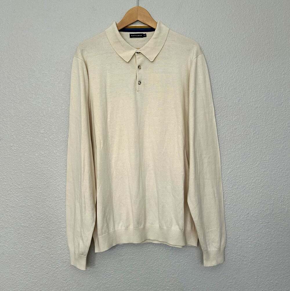 Paul Fredrick Men's Knit Long Sleeve Polo Beige Silk/Cashmere Collared Button XL